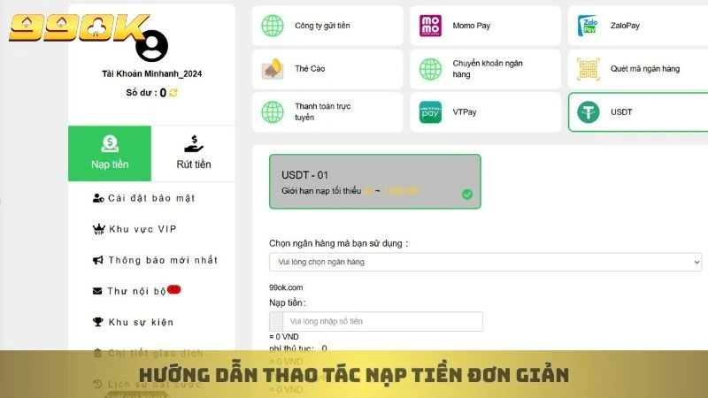 Nạp tiền 99ok 3 Hướng dẫn thao tác nạp tiền đơn giản